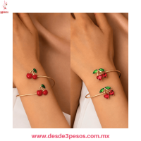 Brazalete Ajustable decorado con pedreria y figura de Cereza en material de metal dorado para Dama 25H-53