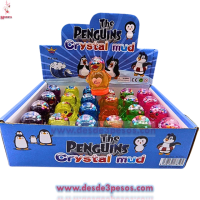 Caja con 24 Pieza de Slime en Figura de PINGUINO  colores con glitter y bolitas de unicel 6 cm