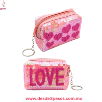 Monedero Llavero Cubierto de Lentejuela LOVE Y figuras de Corazon en colores 13 x 6.5cm. 25L-49