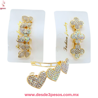 Prendedor de Metal con Figura de Mariposa, Corazon y Flor Cubierto de Pedreria Tornasol 7.5 x 2 cm. 