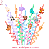 Bolsa con 4 Popotes reutilizables de plástico de animales de la selva 28 cm de largo