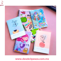 Libreta Francesa 20 hojas a rayas, espiral de plastico y pasta con figuras 13x 21cm.