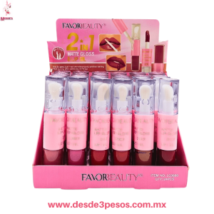 2 EN 1 Labial Mate y brillo FAVOR BEAUTY 6 tonos 12 X 2 cm caja con 24 pza, precio por 1 pza. LG3690