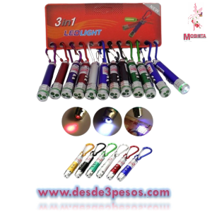 Blister C/12  Llaveros  Linterna, apuntador Lasser y luz Led 3 en 1,  8.5cm. 