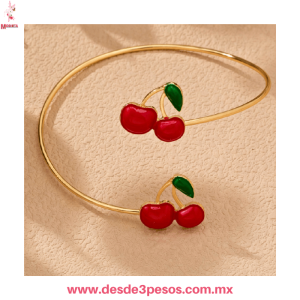 Brazalete Ajustable decorado con pedreria y figura de Cereza en material de metal dorado para Dama 25H-53
