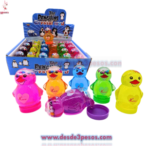 Caja con 24 Pieza de Slime en Figura de PINGUINO  colores con glitter y bolitas de unicel 6 cm