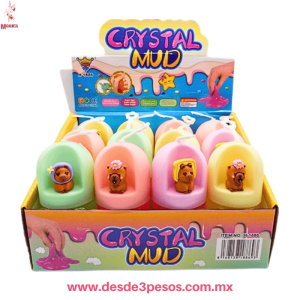 Slime con glitter en colores con muñeco Capybara en tapa 12 x 5 cm. Caja con 12 pza. precio por 1 pza. 