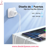  Cargador Rapido 20W, Doble Puerto (USB-C y USB-A), Compacto y Potente GAR161 Marca 1HORA