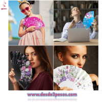 Abanico de plastico,decorado en tela en  6 Colores diferentes 22.5 cm 