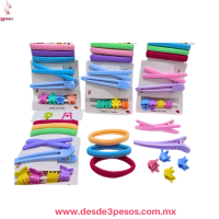 Blister de 3 ligas licra, 2 picos de Garza de Plastico y 4 Mini Pinzas 7 y 1 cm. 5L-33