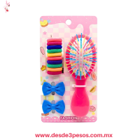 Blister de Cepillo infantil 14 x 7 cm, incluye 2 mini pinzas 3 x 3.5 cm y 10 mini ligas de licra MC26-D04