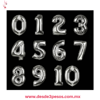 Bolsa con 10 Globos de Numeros 68 x 46cm. Aprox. En color Plata del 0 al 9