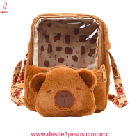 Bolso y Morral infantil de Capibara en material Peluche 2 diviciones con cierres 25 x 21 cm E-617
