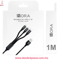 Cable 3 en 1 V8, Tipo C, 1mt. Largo Marca 1Hora Carga y Datos CAB259