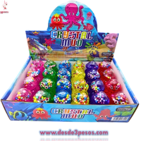 Caja con 24 piezas de Slime en  Figura de PULPO colores con glitter y bolitas de unicel  6cm