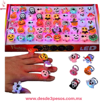 Caja con 50 anillos de Halloween con luz en diferentes figuras