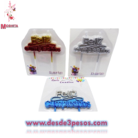 Carton de 1 Vela con la frase FELIZ CUMPLEAÑOS material plástico cromado en colores como foto 9 x 9 cm