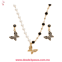 Collar de Metal Largo Con Perlas 26 cm y Aretes Con Dijes 6 cm largo XH7902 