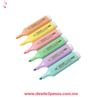 Estuche de plástico Transparente paquete de 6 resaltadores marca SUGARCOLOR modelo G-305 en tonos pastel 12.5 X 3 cm