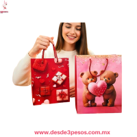 Paquete con 12 Bolsa de Regalo CHICA Carton duro en 3D decorada de San Valentin 18 x 23 cm 