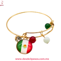 Pulsera Ajustable Dorada con Dije de la Bandera de México y Cristales 