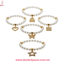 Pulsera Resorte Ajustables Perlas con Dije de figura cubierto de pedrei XH7904