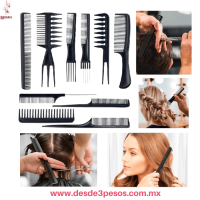 Set Profesional de 10 Peines para Estilismo y PeluquerÃ­a 21X3CM. Kit AntiestÃ¡tico Negro ITEM NO:10-10