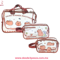 Set de 3 Cosmetiqueras CAPIBARA Hule grueso Transparente 30 x 20, 25 x 15 y 20 x 11 cm. 