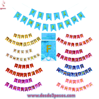 Tira de Banderines FELIZ CUMPLEAÃ‘OS 8 tonos de holograma 190cm.