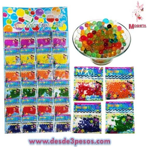 Carton con 20 sobres de  Bolitas de Hidrogel, 5 colores, Rojo, Verde, Transparente, Naranja y Amarillo