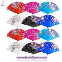Abanico de plastico,decorado en tela en  6 Colores diferentes 22.5 cm 