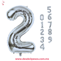 Bolsa con 10 Globos de Numeros 68 x 46cm. Aprox. En color Plata del 0 al 9
