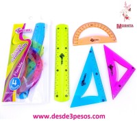 Bolsa de Juego Geometrico Flexible 4 pza. Regla de 15cm. Escuadra de 9cm. Escuadra de 6cm. Y Transportador 180