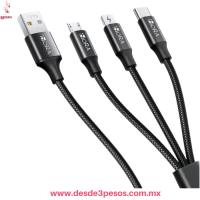 Cable 3 en 1 V8, Tipo C, 1mt. Largo Marca 1Hora Carga y Datos CAB259