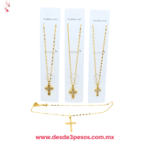 Cadena con Dije en forma de Cruz cubierto con pedreria de Oro Laminado en varios modelos 27 cm de largo XH7910