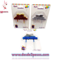 Carton de 1 Vela con la frase FELIZ CUMPLEAÑOS material plástico cromado en colores como foto 9 x 9 cm