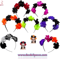 Diadema Plastica de Catrina Forrada con 6 Flores en colores Neon 13 cm
