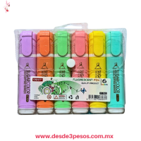 Estuche de plástico Transparente paquete de 6 resaltadores marca SUGARCOLOR modelo G-305 en tonos pastel 12.5 X 3 cm