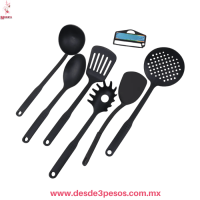 Juego de 6 Utensilios de Cocina de Plastico Resistente color Negro 29 y 30cm. De largo 