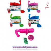 Pistola de Burbujas incluye bote para burbujas y recipiente en colores con glitter 22 x 10cm. Ocupa 3 pilas AA no incluidas 