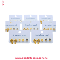 Tira con 12 paquetes con 3 par de Aretes diferente figuras en Oro Laminado XH7810