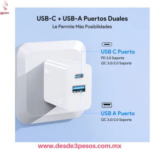  Cargador Rapido 20W, Doble Puerto (USB-C y USB-A), Compacto y Potente GAR161 Marca 1HORA