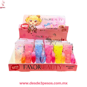 2 en 1 Lip Gloss con llaverito FAVOR BEAUTY  tonos magicos Frutales 15ml. 
