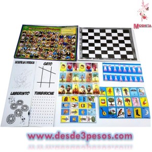 9 en 1 Loteria10.5 X 7.5cm. con Serpientes y Escaletas, 22 X 15.5cm. Ajedrez, Gato, Laberinto, Encunetra Diferencias, Timbiriche