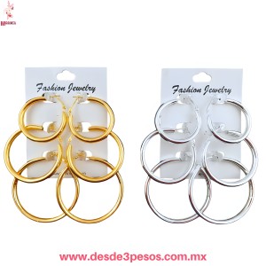 Blíster con 3 Par de Arracadas en Metal Tamaño diferente 4, 5 y 6 cm. De diámetro MC24-B67