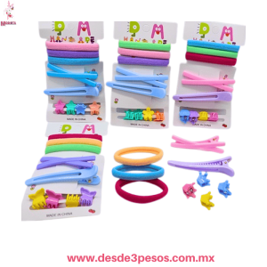 Blister de 3 ligas licra, 2 picos de Garza de Plastico y 4 Mini Pinzas 7 y 1 cm. 5L-33