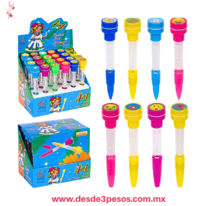 Bolígrafo 4 En 1 Pluma Con Sello Luz Burbujas Kawaii Caja con 24 pza. precio por 1 pza. YON-8 16 cm alto 