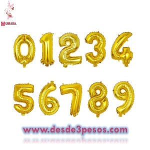 Bolsa con 10 Globos de Numeros 68 x 46cm. Aprox. En color Dorado del 0 al 9