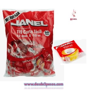 Bolsa con 50 piezas de Cinta Adhesiva Transparente Marca Janel 12mm X 10 m