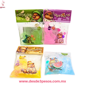 Bolsa de Slime Frutal en Colores y glitter presentacion Capybara 12 x 9 cm. Caja con 16 pza, precio por 1 pza,